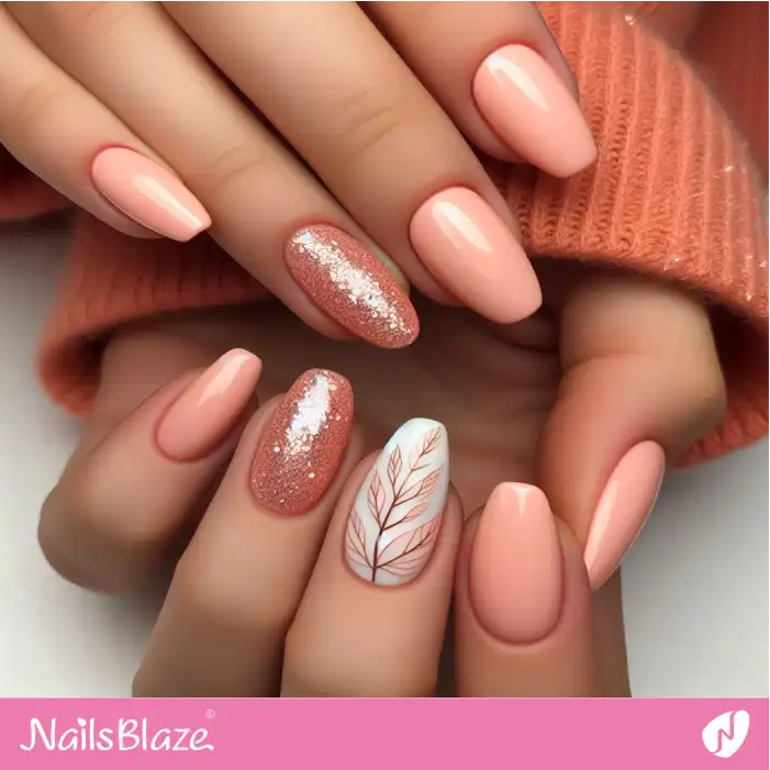 Peach Fuzz Leaf Nails with Glitter Design | Nature-inspired Nails - NB1666